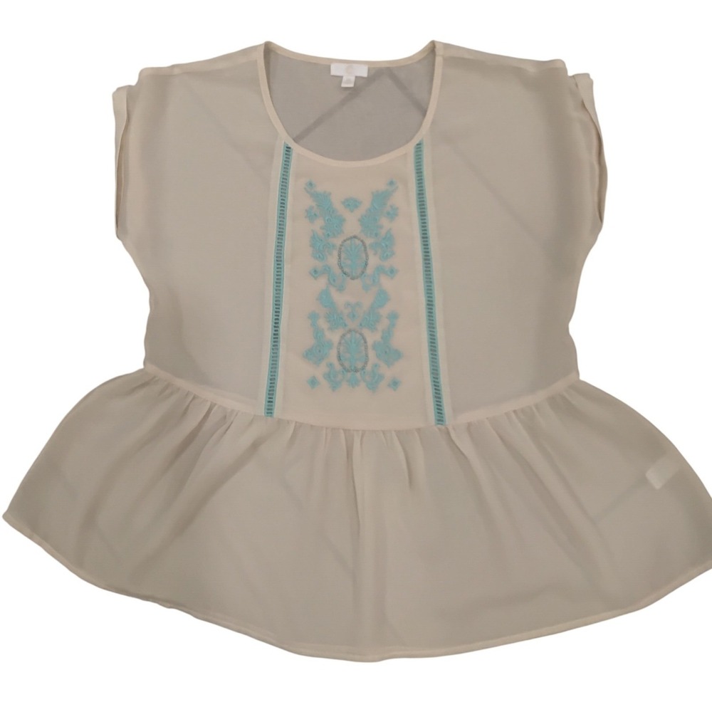 C. Luce Cream Embroidered Peplum Blouse Cap Sleeve Blue Detail MT51138707 Size M